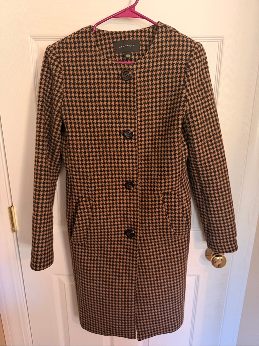 Ann Taylor Brown and Black Houndstooth Wool Pea Coat